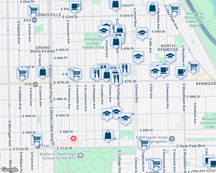 map of restaurants, bars, coffee shops, grocery stores, and more near 4714 South Evans Avenue in Chicago