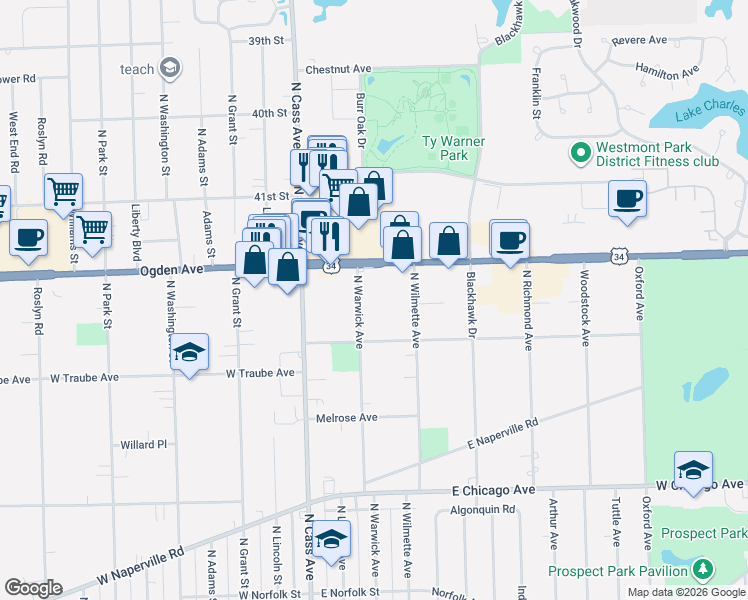 map of restaurants, bars, coffee shops, grocery stores, and more near 519 North Warwick Avenue in Westmont