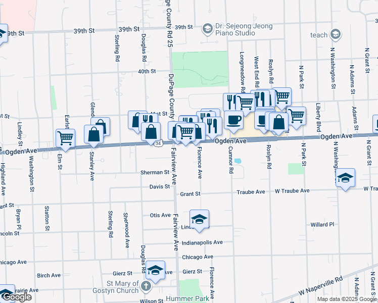 map of restaurants, bars, coffee shops, grocery stores, and more near 327 Ogden Avenue in Downers Grove