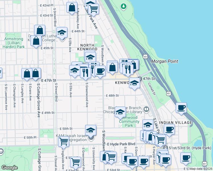 map of restaurants, bars, coffee shops, grocery stores, and more near 4721 South Woodlawn Avenue in Chicago