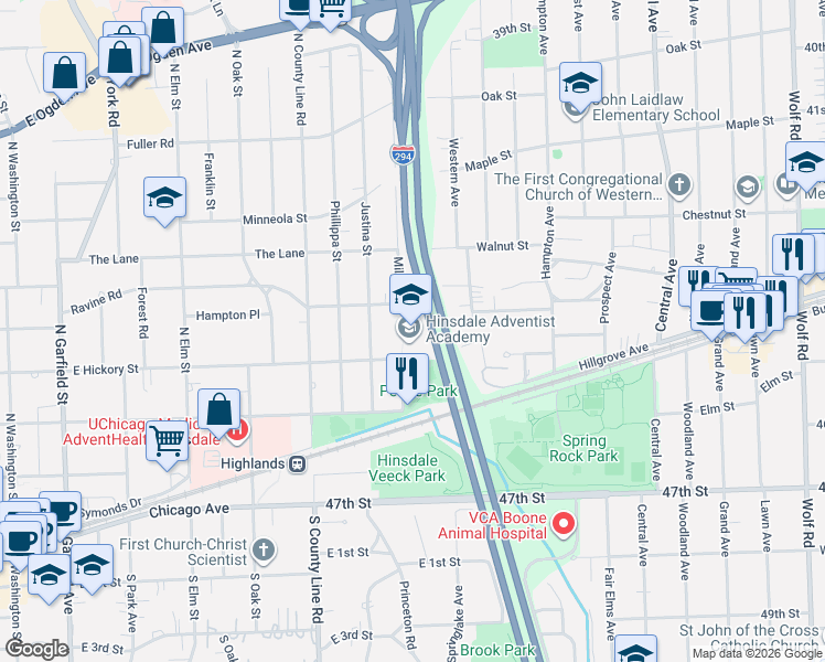 map of restaurants, bars, coffee shops, grocery stores, and more near 631 East Hickory Street in Hinsdale