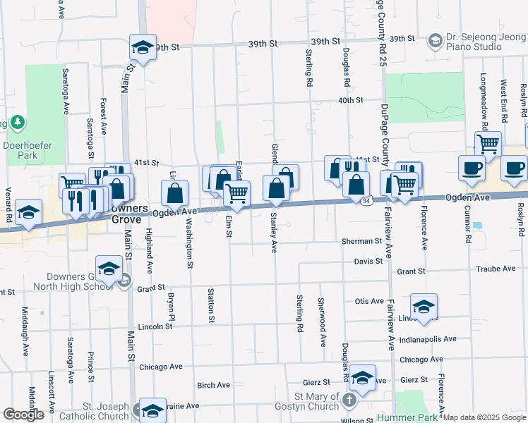 map of restaurants, bars, coffee shops, grocery stores, and more near 724 Ogden Avenue in Downers Grove