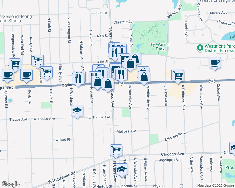 map of restaurants, bars, coffee shops, grocery stores, and more near 11 Ogden Avenue in Westmont