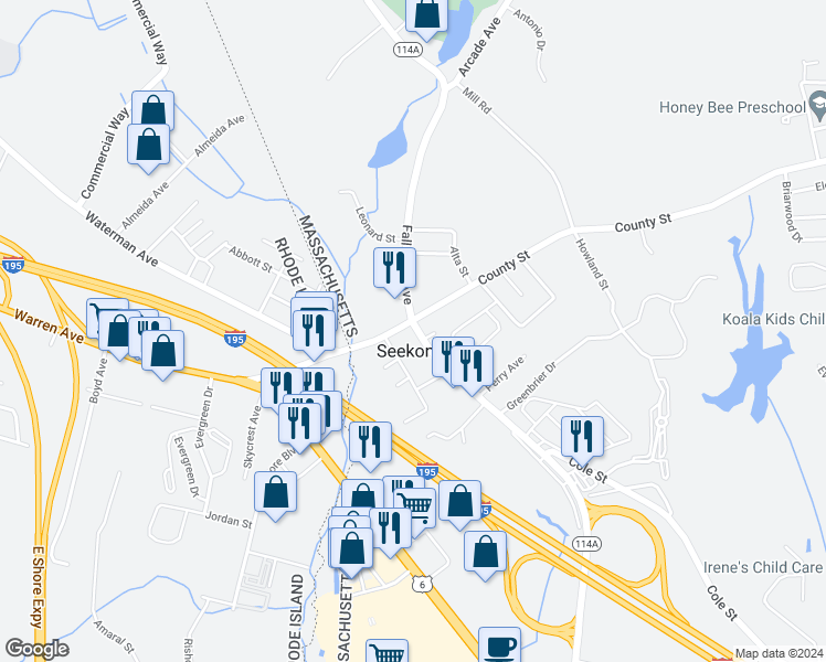 map of restaurants, bars, coffee shops, grocery stores, and more near 625 Fall River Avenue in Seekonk