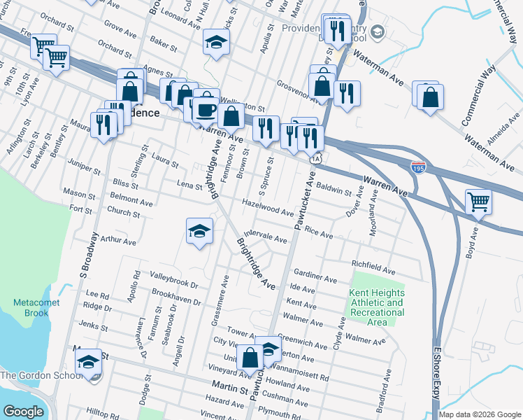 map of restaurants, bars, coffee shops, grocery stores, and more near 219 South Spruce Street in East Providence