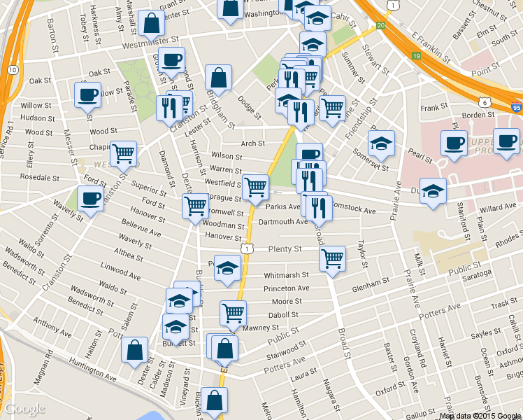 map of restaurants, bars, coffee shops, grocery stores, and more near 124 Elmwood Avenue in Providence