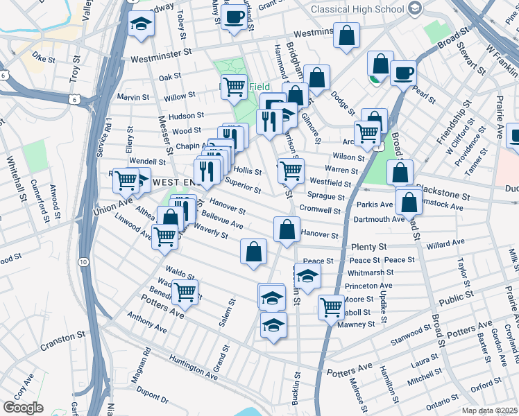 map of restaurants, bars, coffee shops, grocery stores, and more near 44 Superior Street in Providence