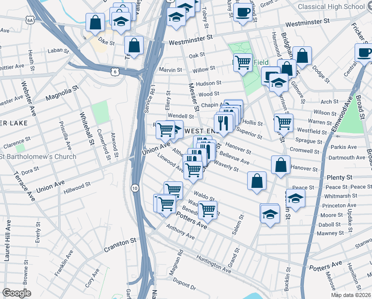 map of restaurants, bars, coffee shops, grocery stores, and more near 27 Sorrento Street in Providence