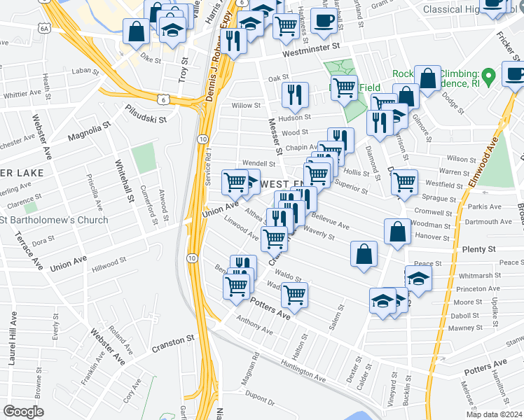 map of restaurants, bars, coffee shops, grocery stores, and more near 27 Sorrento Street in Providence