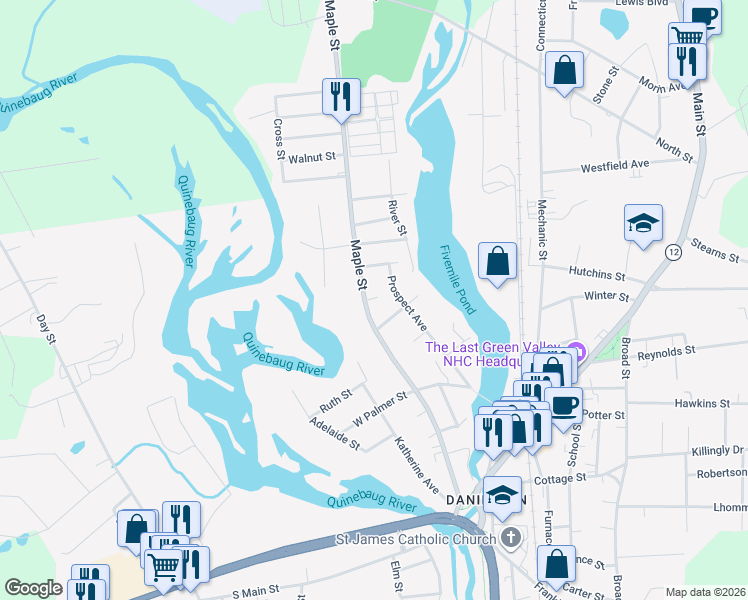 map of restaurants, bars, coffee shops, grocery stores, and more near 137 Prospect Avenue in Killingly