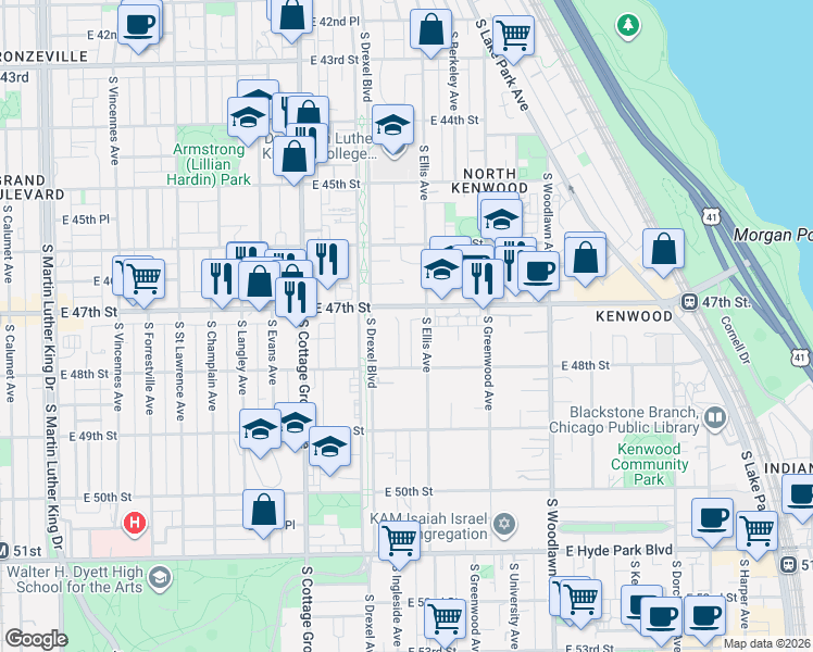 map of restaurants, bars, coffee shops, grocery stores, and more near 920 East 47th Street in Chicago