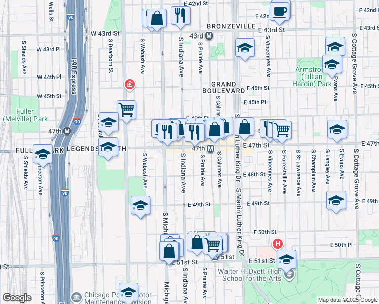 map of restaurants, bars, coffee shops, grocery stores, and more near 209 East 47th Street in Chicago
