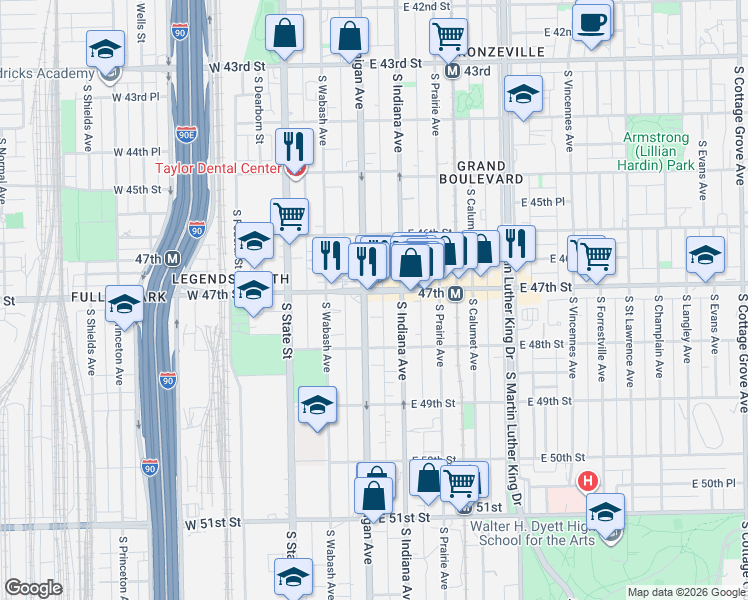 map of restaurants, bars, coffee shops, grocery stores, and more near 4655 South Michigan Avenue in Chicago