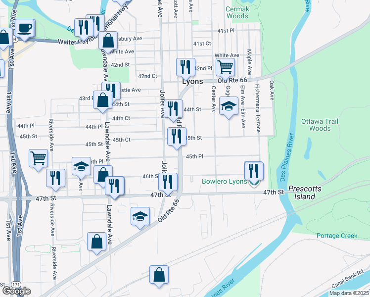 map of restaurants, bars, coffee shops, grocery stores, and more near 4501 Prescott Avenue in Lyons