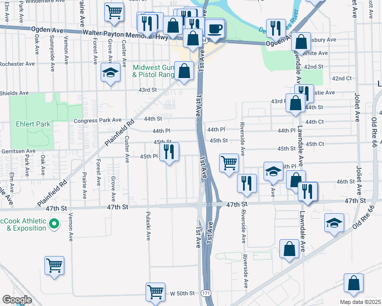 map of restaurants, bars, coffee shops, grocery stores, and more near 4444 1st Avenue in Lyons