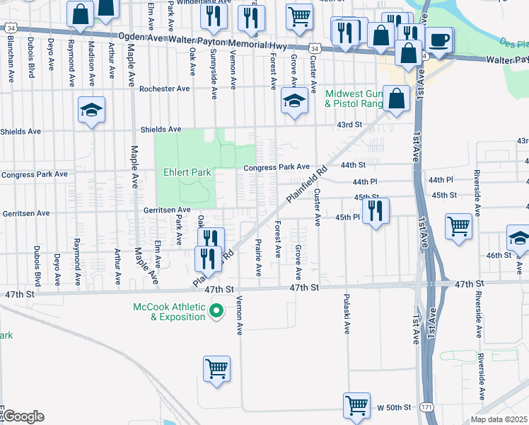 map of restaurants, bars, coffee shops, grocery stores, and more near 4424 Forest Avenue in Brookfield