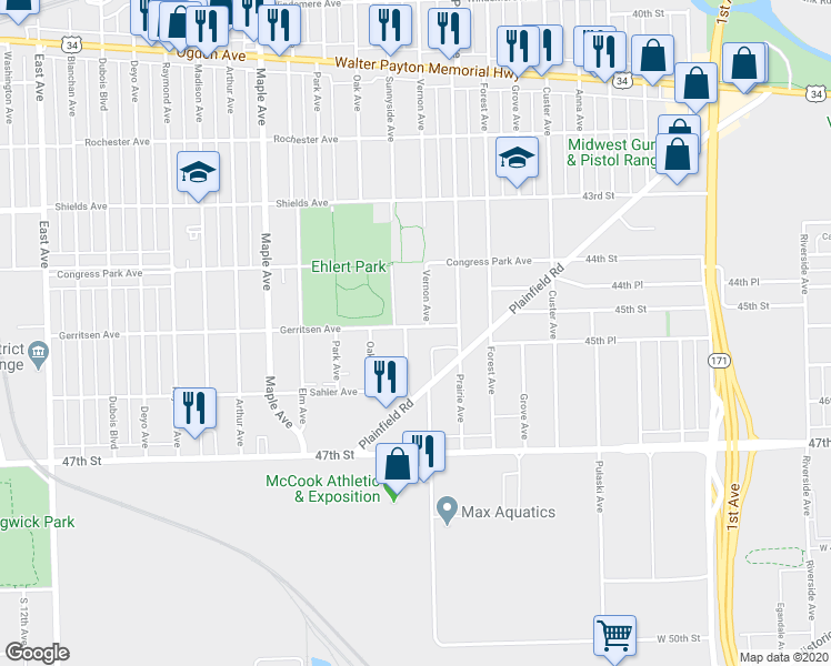 map of restaurants, bars, coffee shops, grocery stores, and more near 4437 Sunnyside Avenue in Brookfield