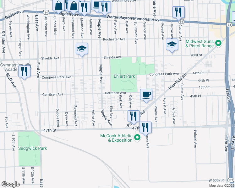 map of restaurants, bars, coffee shops, grocery stores, and more near 4432 Park Avenue in Brookfield