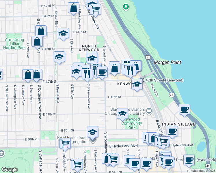 map of restaurants, bars, coffee shops, grocery stores, and more near 4721 South Woodlawn Avenue in Chicago