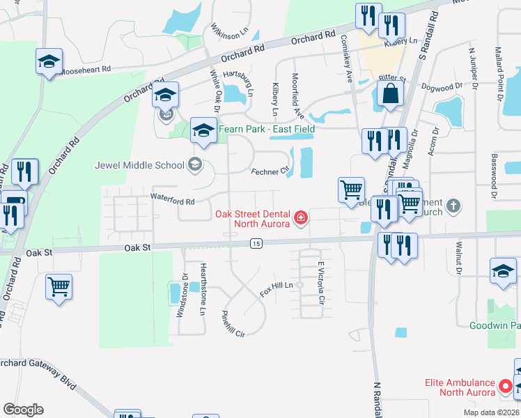 map of restaurants, bars, coffee shops, grocery stores, and more near 1467 Oakland Circle in North Aurora