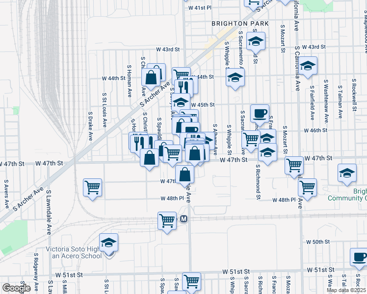 map of restaurants, bars, coffee shops, grocery stores, and more near 4613 South Sawyer Avenue in Chicago