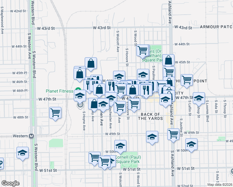 map of restaurants, bars, coffee shops, grocery stores, and more near 4637 South Wolcott Avenue in Chicago