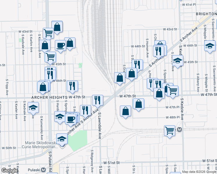 map of restaurants, bars, coffee shops, grocery stores, and more near 3642 West 47th Street in Chicago