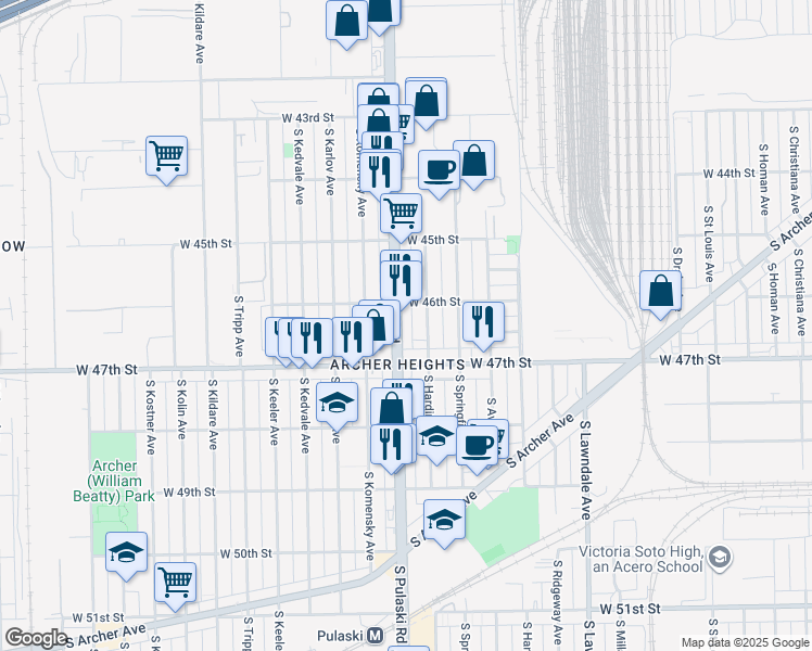 map of restaurants, bars, coffee shops, grocery stores, and more near 4604 South Harding Avenue in Chicago