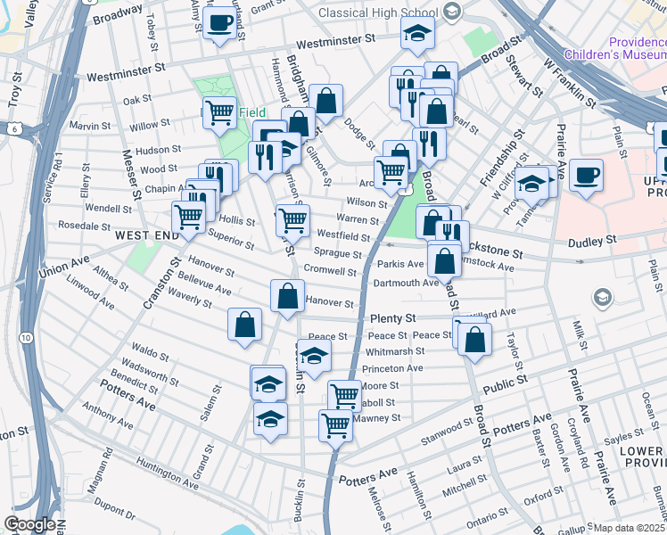 map of restaurants, bars, coffee shops, grocery stores, and more near 55 Cromwell Street in Providence
