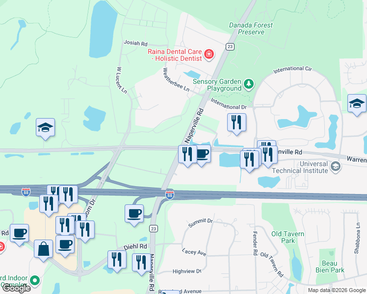 map of restaurants, bars, coffee shops, grocery stores, and more near 1151 East Warrenville Road in Naperville