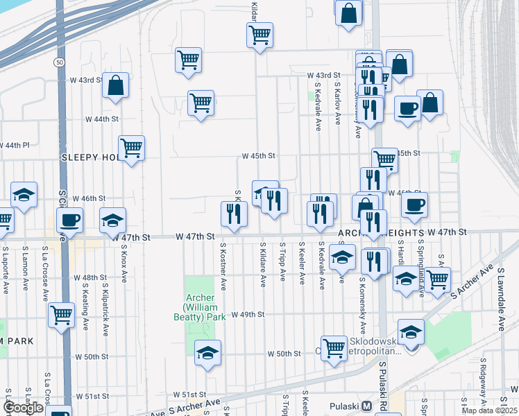 map of restaurants, bars, coffee shops, grocery stores, and more near 4601 South Kildare Avenue in Chicago