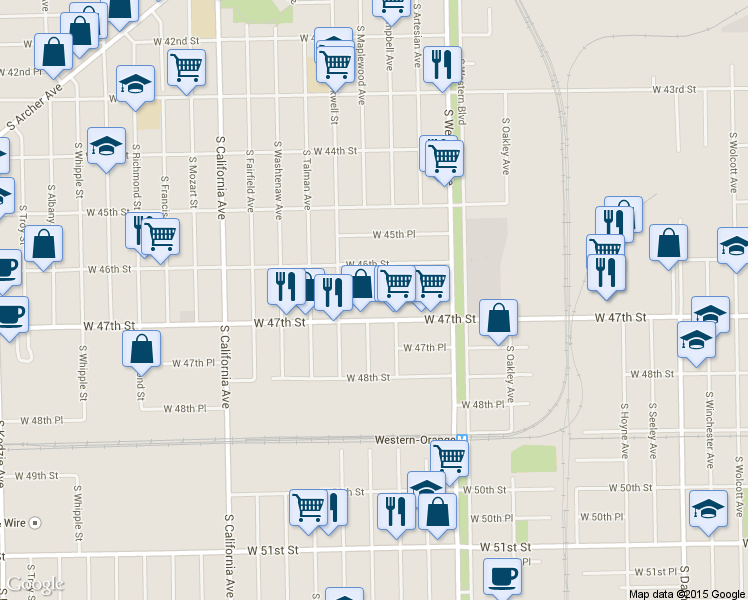 map of restaurants, bars, coffee shops, grocery stores, and more near 2521 West 46th Place in Chicago