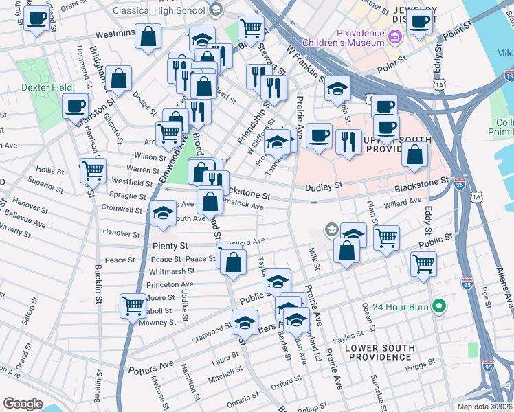 map of restaurants, bars, coffee shops, grocery stores, and more near Comstock Avenue in Providence