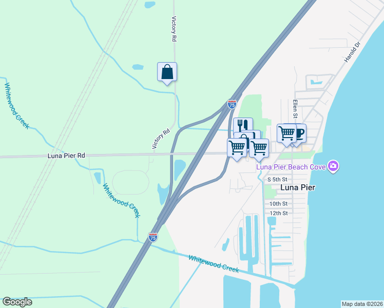 map of restaurants, bars, coffee shops, grocery stores, and more near 4149 Luna Pier Road in Erie