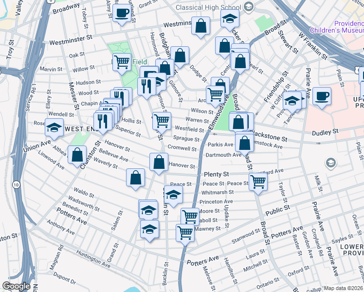 map of restaurants, bars, coffee shops, grocery stores, and more near 55 Cromwell Street in Providence