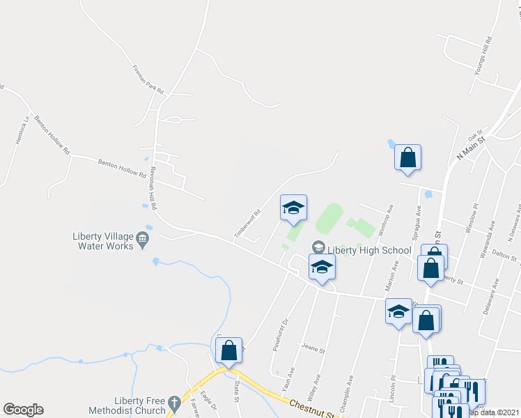 map of restaurants, bars, coffee shops, grocery stores, and more near 28 Timberwolf Road in Liberty