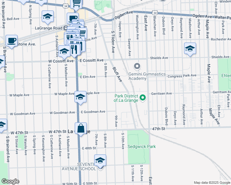map of restaurants, bars, coffee shops, grocery stores, and more near 9th Ave & E Maple Ave in La Grange