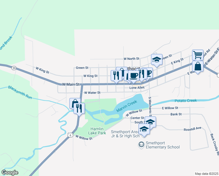 map of restaurants, bars, coffee shops, grocery stores, and more near 531 West Main Street in Smethport