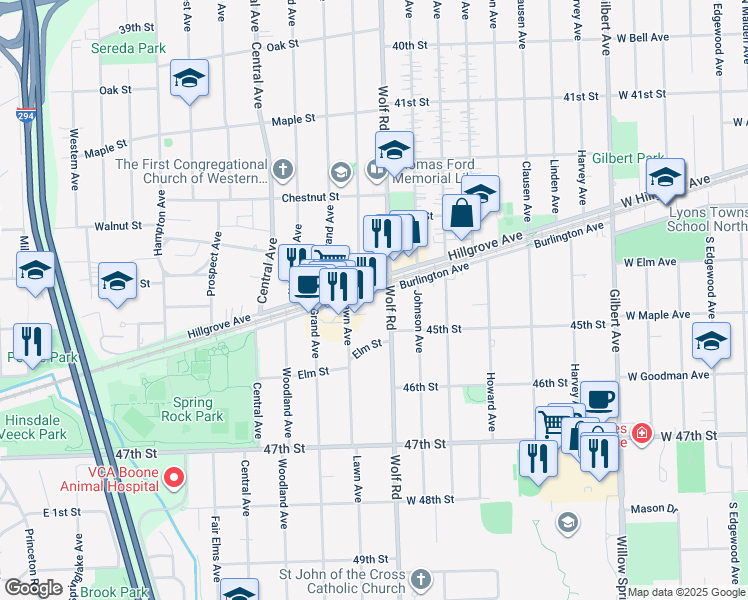 map of restaurants, bars, coffee shops, grocery stores, and more near in Western Springs