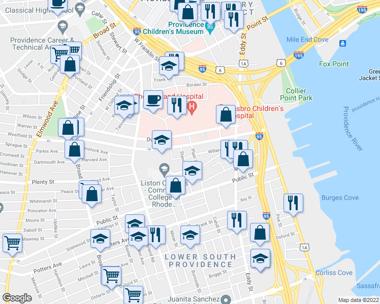map of restaurants, bars, coffee shops, grocery stores, and more near 156 Blackstone Street in Providence