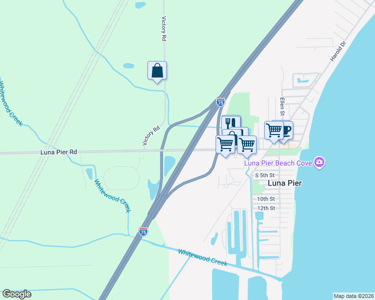 map of restaurants, bars, coffee shops, grocery stores, and more near 4149 Luna Pier Road in Erie