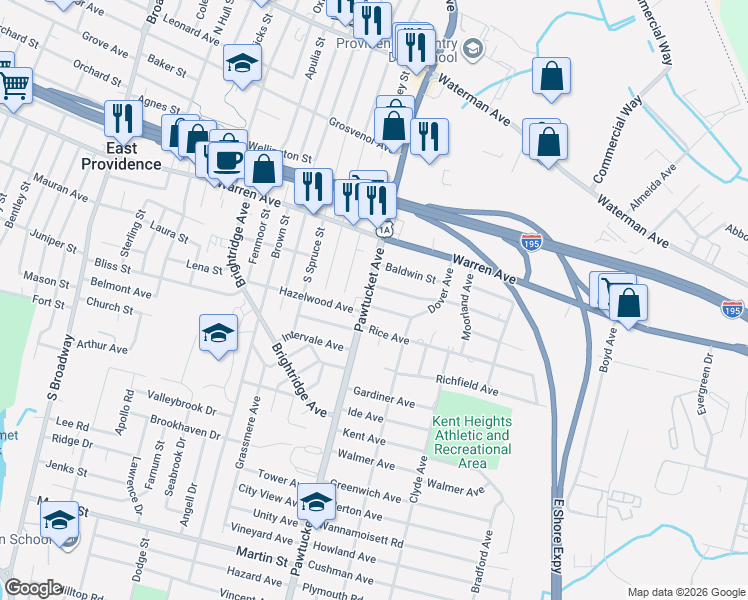 map of restaurants, bars, coffee shops, grocery stores, and more near 2407 Pawtucket Avenue in East Providence