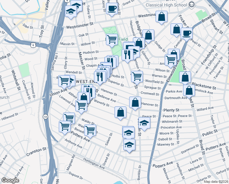 map of restaurants, bars, coffee shops, grocery stores, and more near 100 Ford Street in Providence