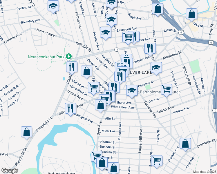 map of restaurants, bars, coffee shops, grocery stores, and more near 123 Mercy Street in Providence