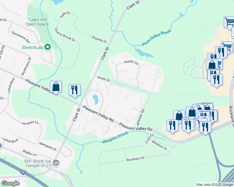 map of restaurants, bars, coffee shops, grocery stores, and more near 610 Spring Meadow Road in South Windsor