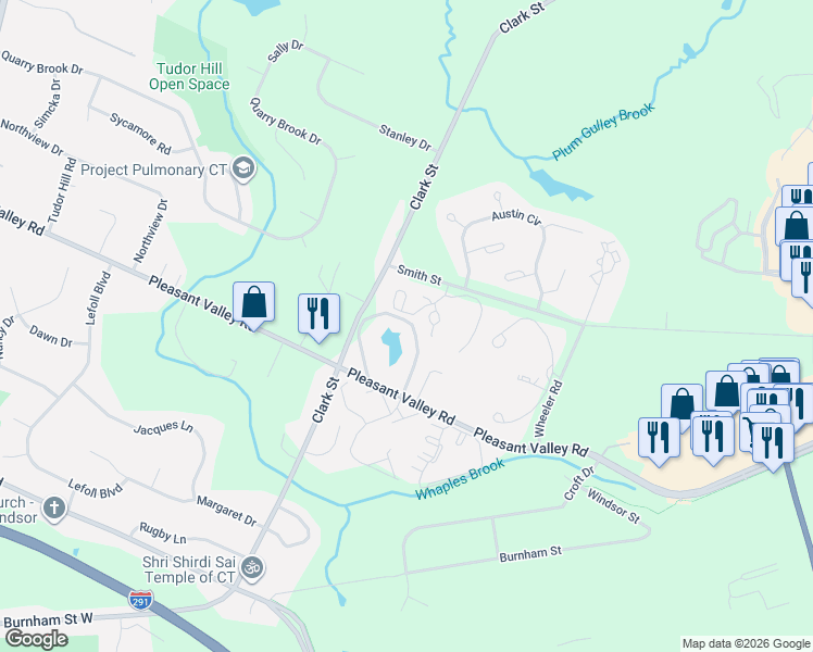 map of restaurants, bars, coffee shops, grocery stores, and more near 900 Misty Meadow Lane in South Windsor