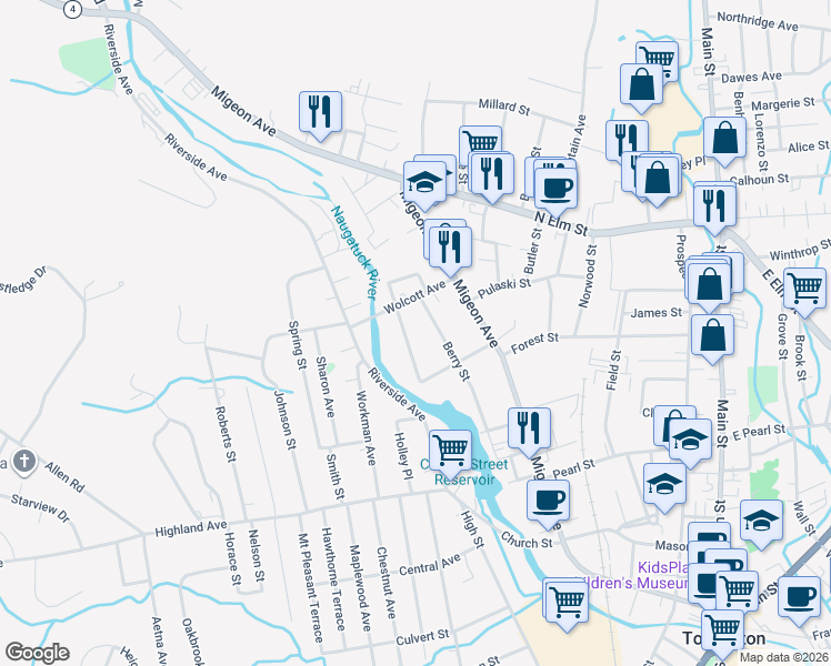 map of restaurants, bars, coffee shops, grocery stores, and more near 183 Berry Street in Torrington