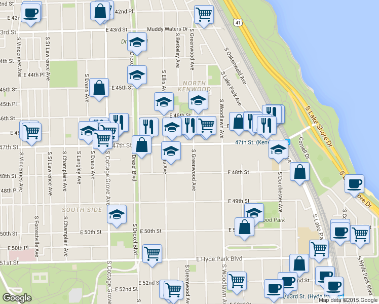 map of restaurants, bars, coffee shops, grocery stores, and more near 1045 East 47th Street in Chicago