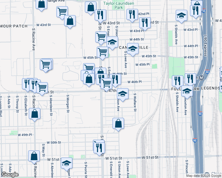 map of restaurants, bars, coffee shops, grocery stores, and more near 705 West 46th Place in Chicago