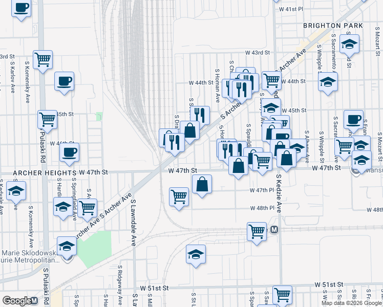 map of restaurants, bars, coffee shops, grocery stores, and more near 4615 South Saint Louis Avenue in Chicago